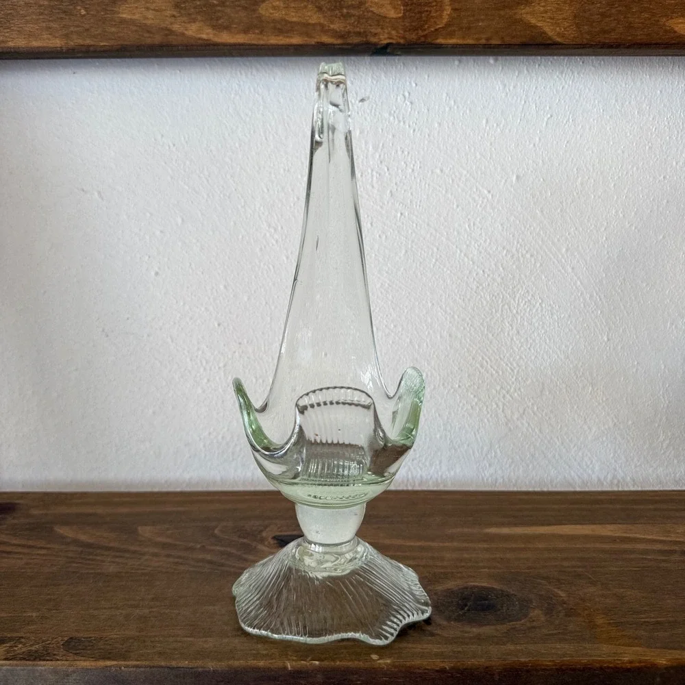 Vintage Hand Blown Art Glass Swan Pedestal Bowl Pale Green Tint Ribbed